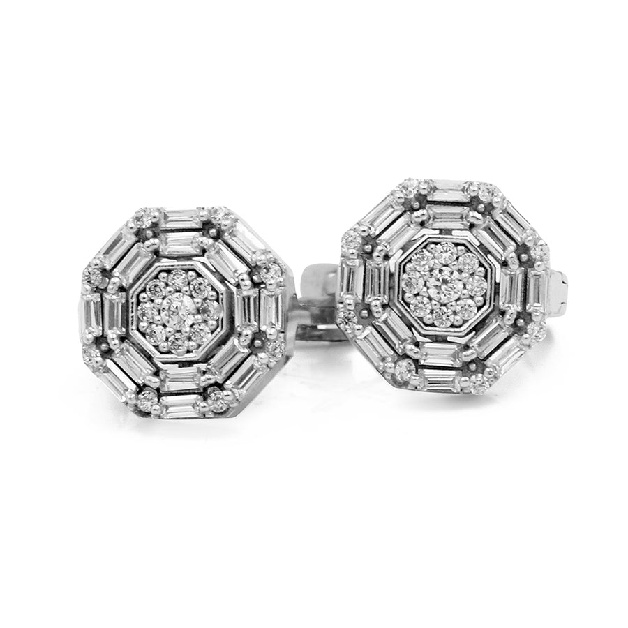 Octagonal diamond cufflinks and Miral Jewelry 14K White Gold Fashion Women's Stud Earrings on a white background.