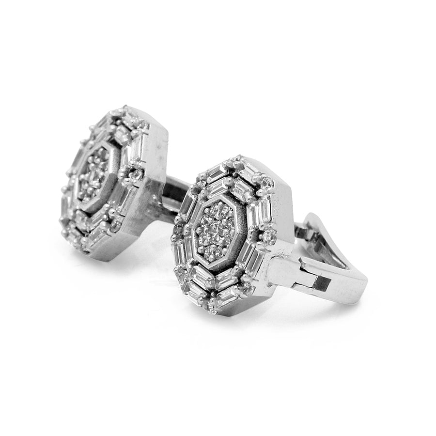 Art deco style diamond cufflinks and Miral Jewelry's 14K White Gold Fashion Women's Stud Earrings on a white background.