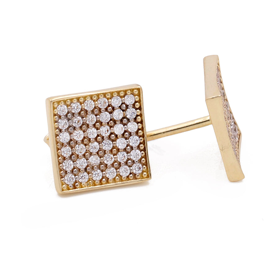 Miral Jewelry's 14K Yellow Gold Fashion Women's Stud Earrings with Cubic Zirconias featuring luxurious diamond embellishments on a white background.
