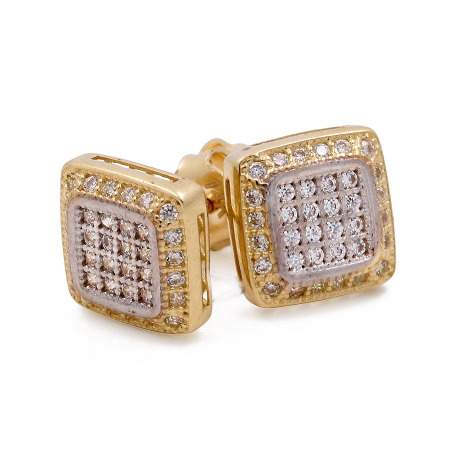 Miral Jewelry's 14K Yellow and White Gold Fashion Women's Stud Earrings with Cubic Zirconias on a white background.