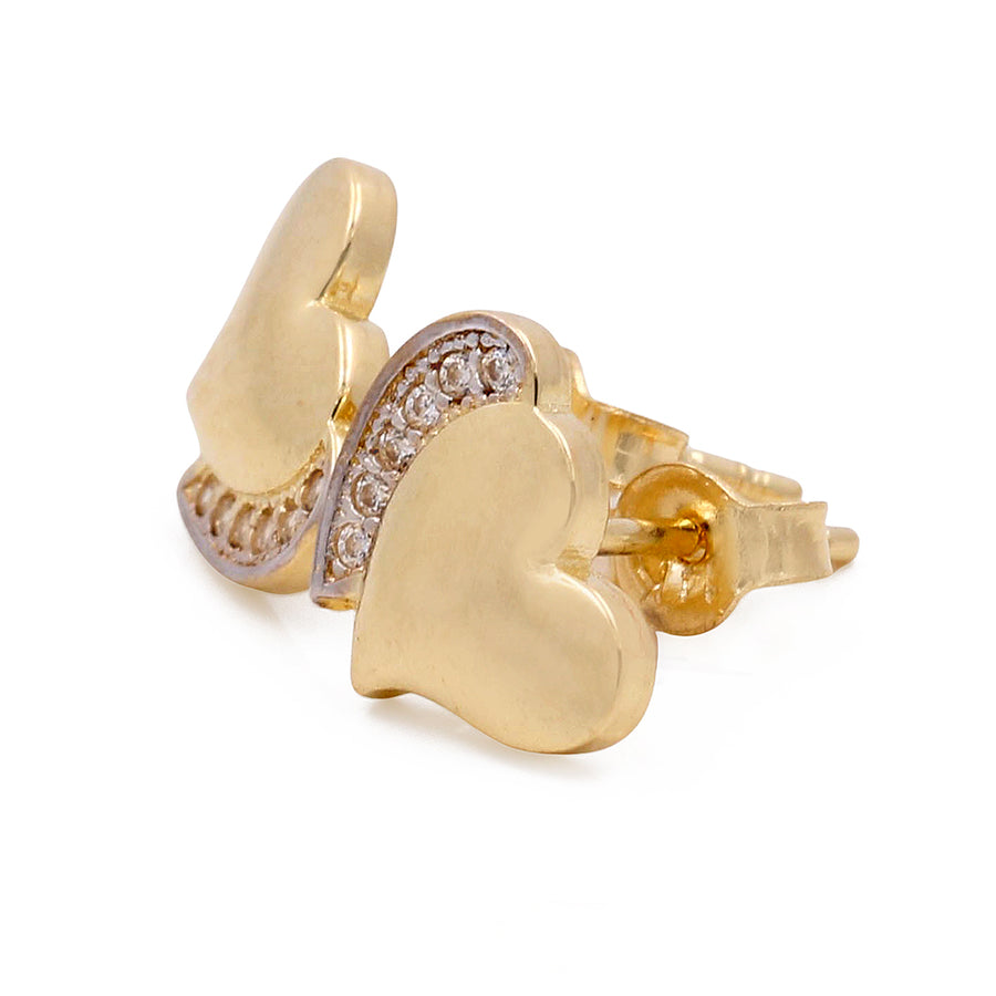 Miral Jewelry's 14K Yellow Gold Fashion Hearts Women's Earrings with Cubic Zirconias on a white background.