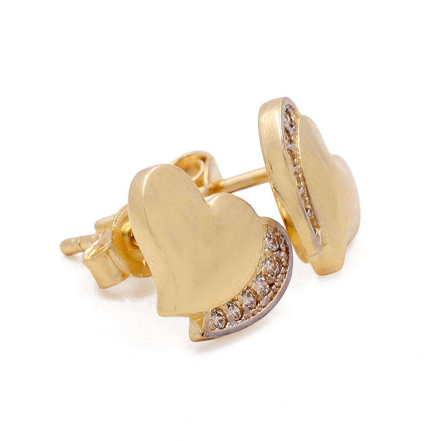 Miral Jewelry's 14K Yellow Gold Fashion Hearts Women's Earrings with Cubic Zirconias feature diamond accents.