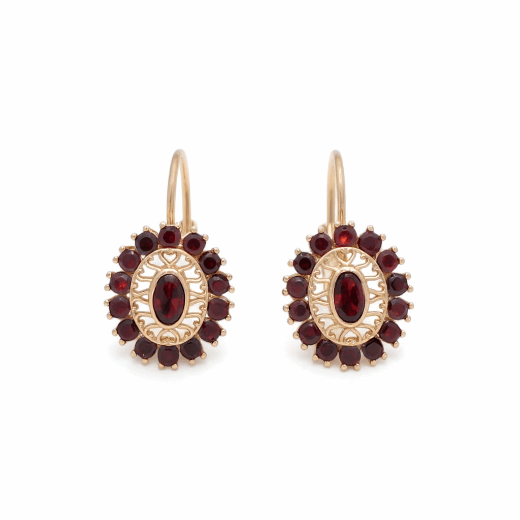 14K Yellow Gold  Drop  with Red Stones Earrings