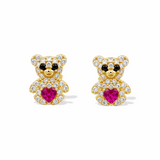 14K Yellow Gold Bear Red  Earrings