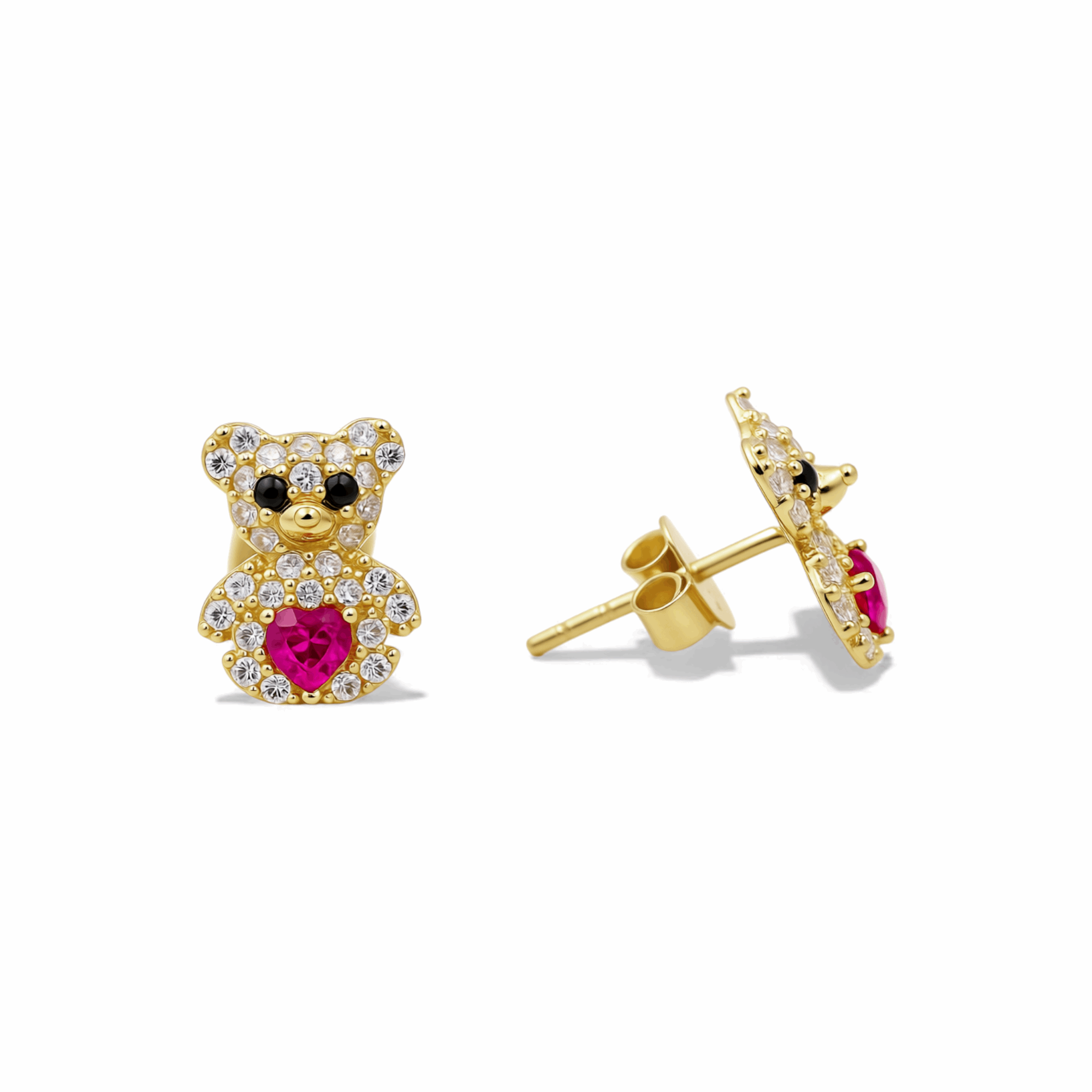 14K Yellow Gold Bear Red  Earrings