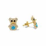 14K Yellow Gold Bear Light Blue  Earrings