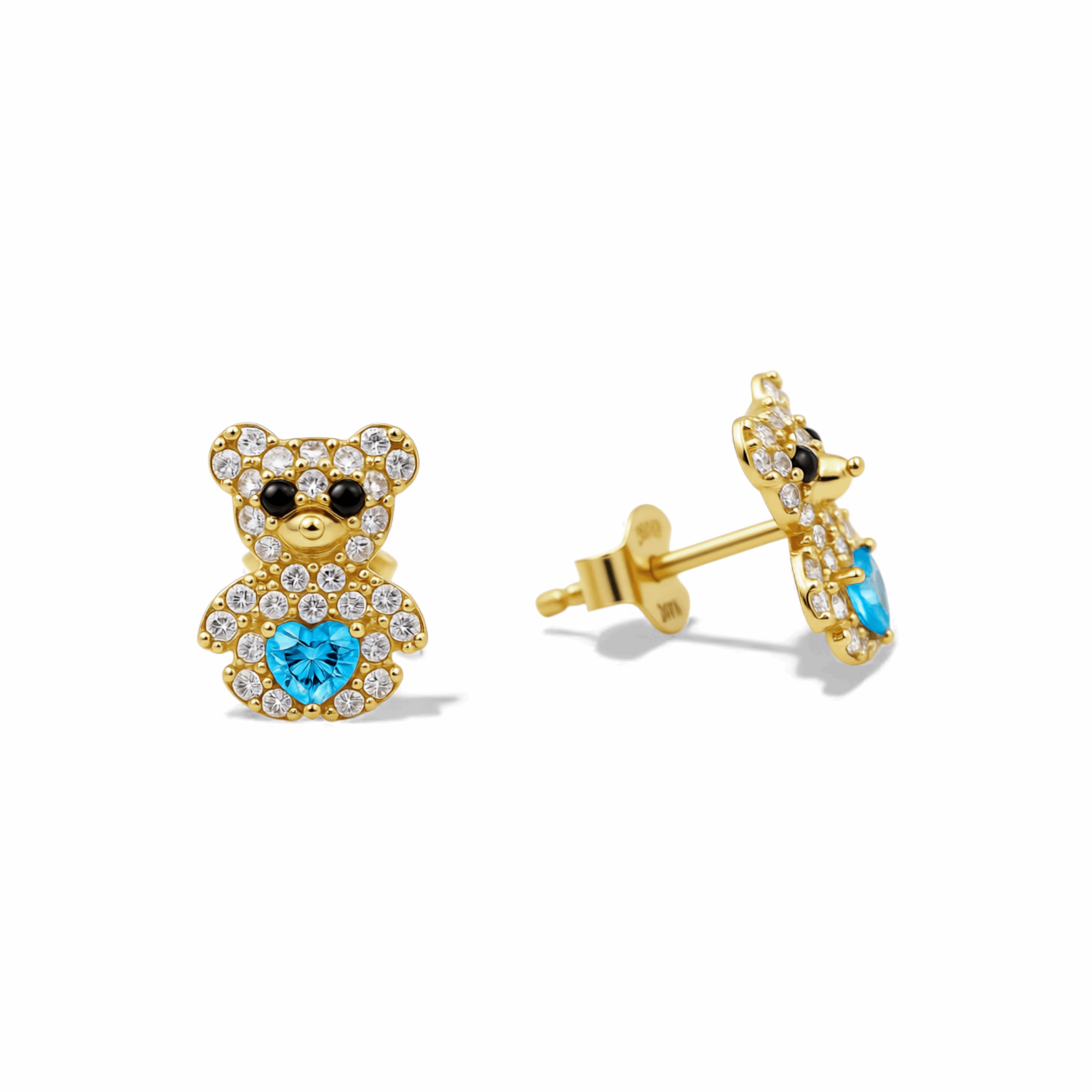 14K Yellow Gold Bear Light Blue  Earrings