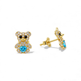 14K Yellow Gold Bear Light Blue  Earrings