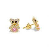 14K Yellow Gold Bear Pink  Earrings