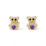 14K Yellow Gold Bear Purple Earrings
