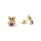 14K Yellow Gold Bear Purple Earrings