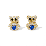 14K Yellow Gold Bear Dark Blue Earrings