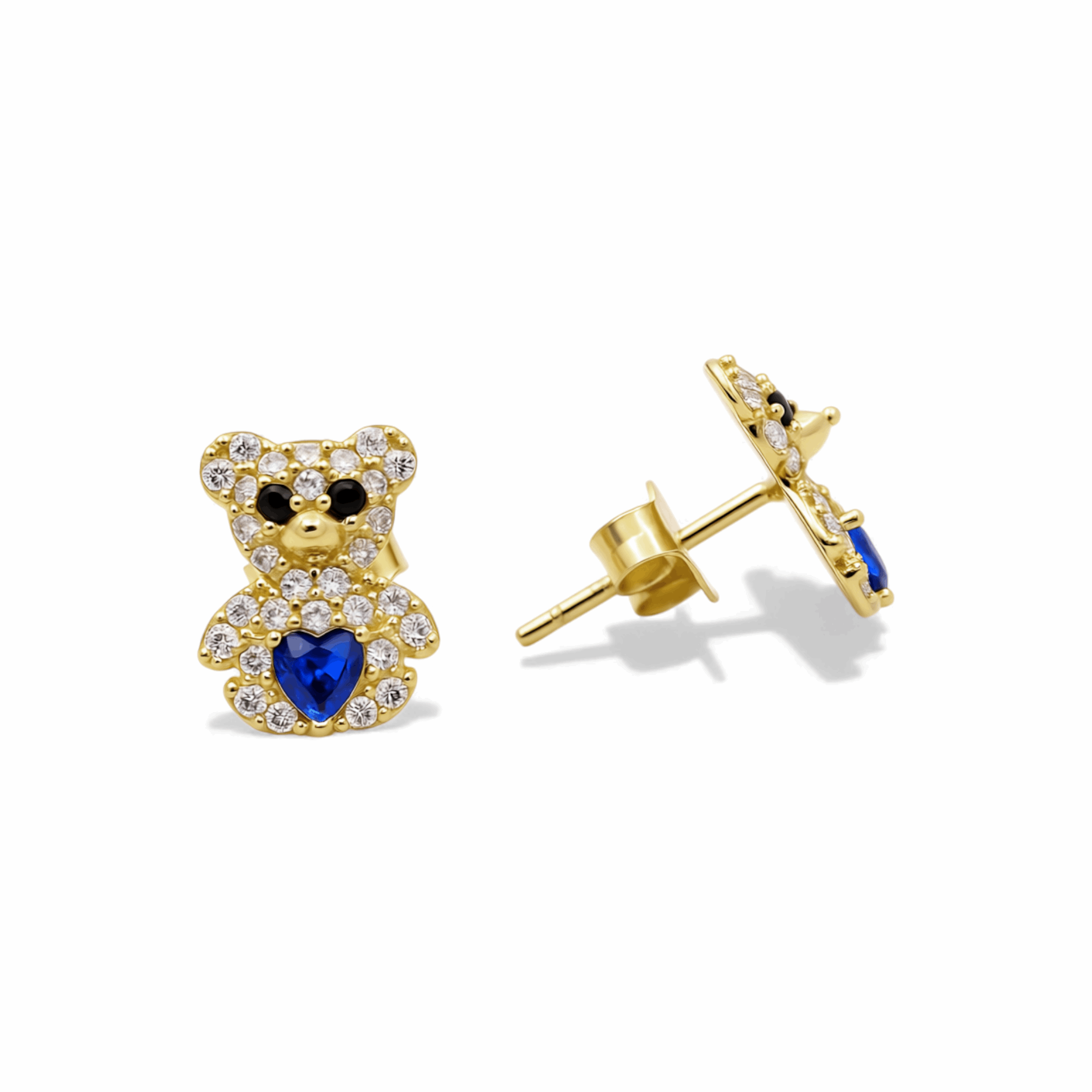 14K Yellow Gold Bear Dark Blue Earrings
