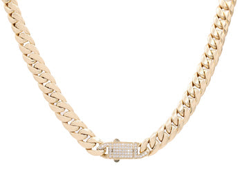 A Miral Jewelry yellow gold 14k semisolid Cuban link chain 16" with a diamond clasp, perfect for an elegant look.