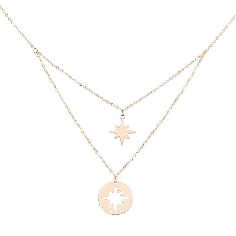 A stunning Women's Yellow Gold 14k Fancy Link Star Chain with a star and a starburst pendant, crafted in 14k yellow gold, featuring a fancy link chain of adjustable length by Miral Jewelry.