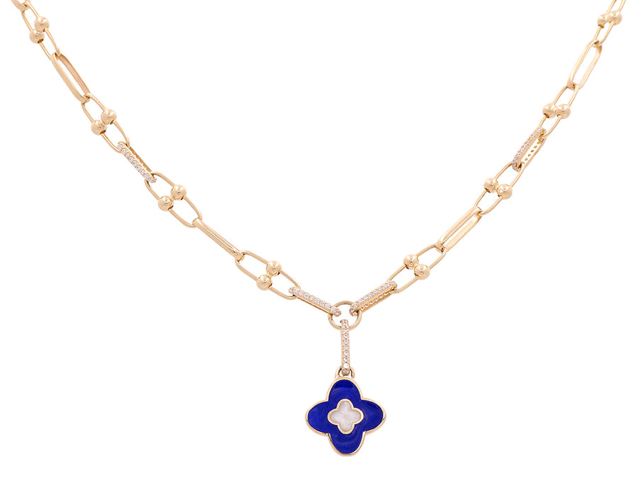 A Miral Jewelry necklace with a blue enamel pendant and a 14K Yellow Gold chain of the product Miral Jewelry Blue Color Fashion Flowers Necklace with Mother of Pearl Stones.