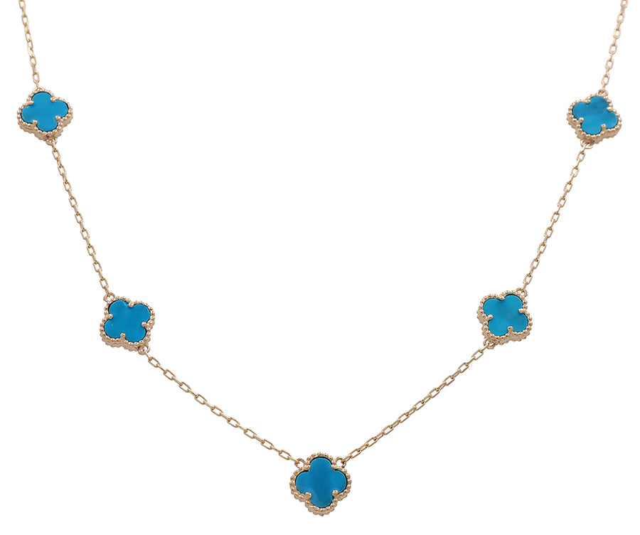 A Miral Jewelry necklace with blue stones and a 14K Yellow Gold chain.