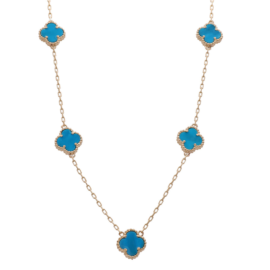A Miral Jewelry necklace featuring blue stones and a 14K Yellow Gold chain.