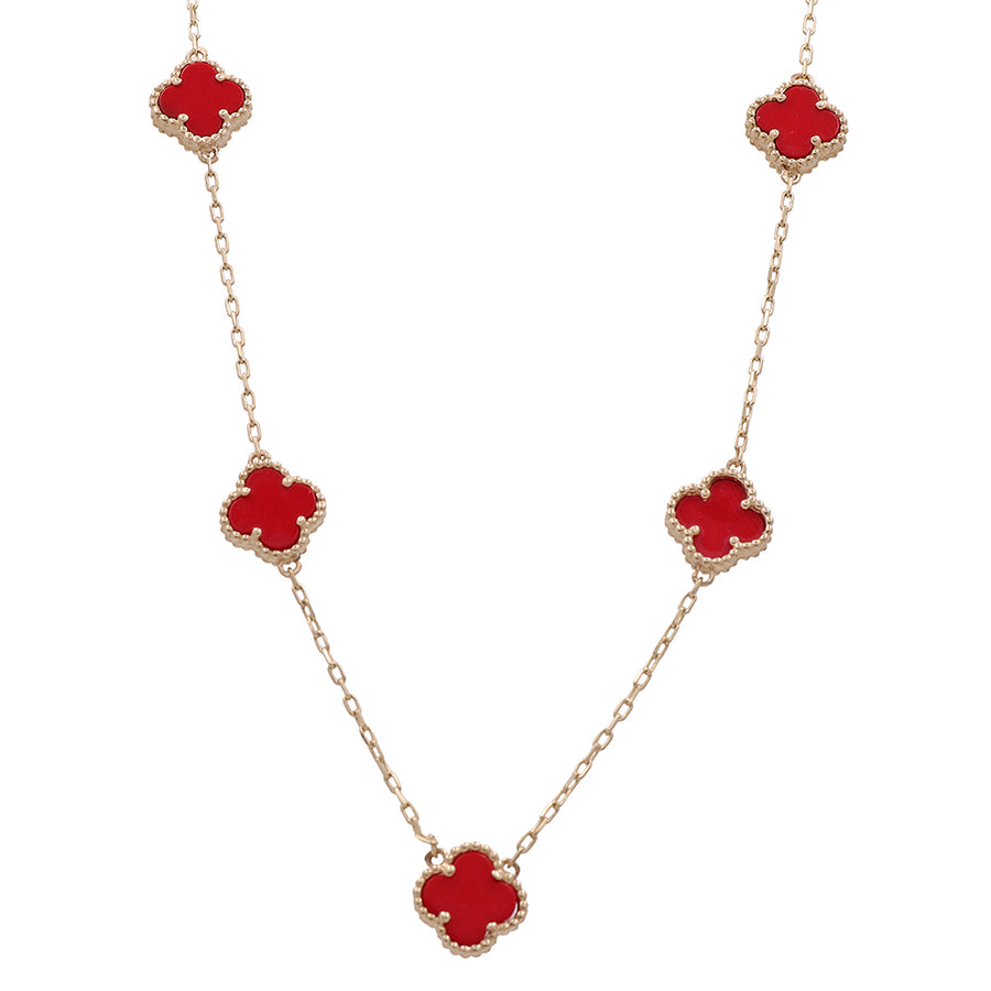 A 14K yellow gold fashion flower women's red 5 stones necklace with a gold chain crafted from Miral Jewelry.