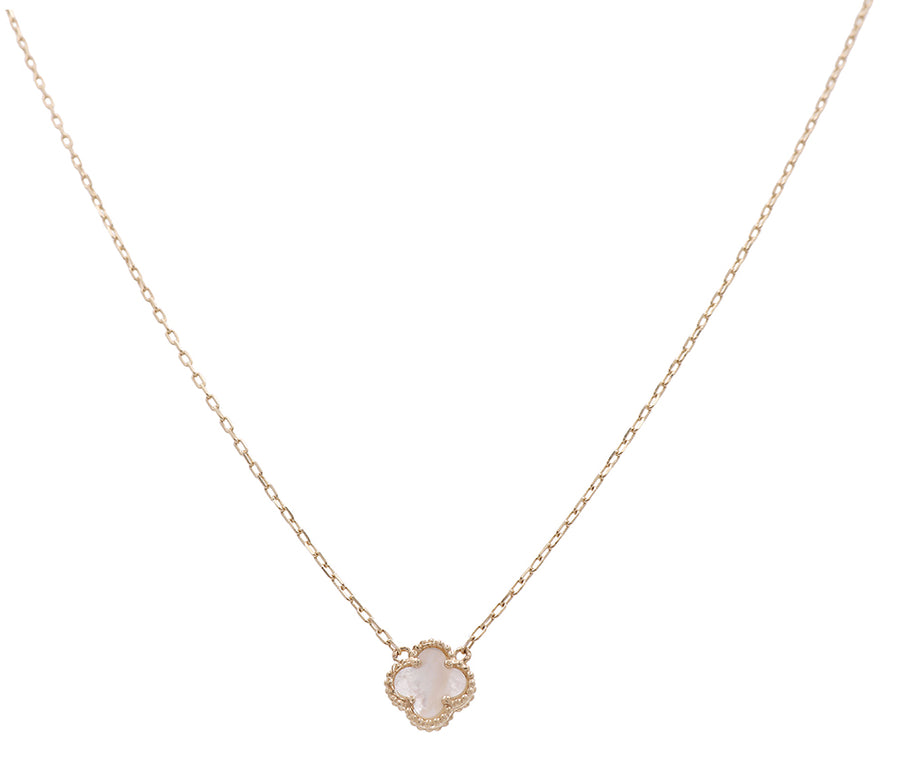 A Miral Jewelry necklace with a 14K Yellow Gold Fashion Flower Women's Mother of Pearl stone.