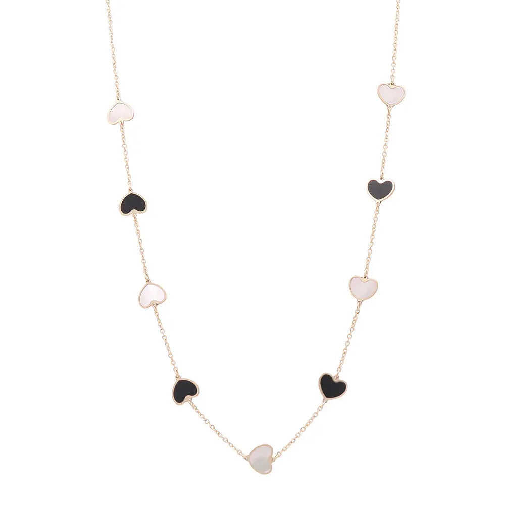 14K Yellow Gold Fashion Hearts Necklace with Black Onyx and Mother Pearl Miral Jewelry