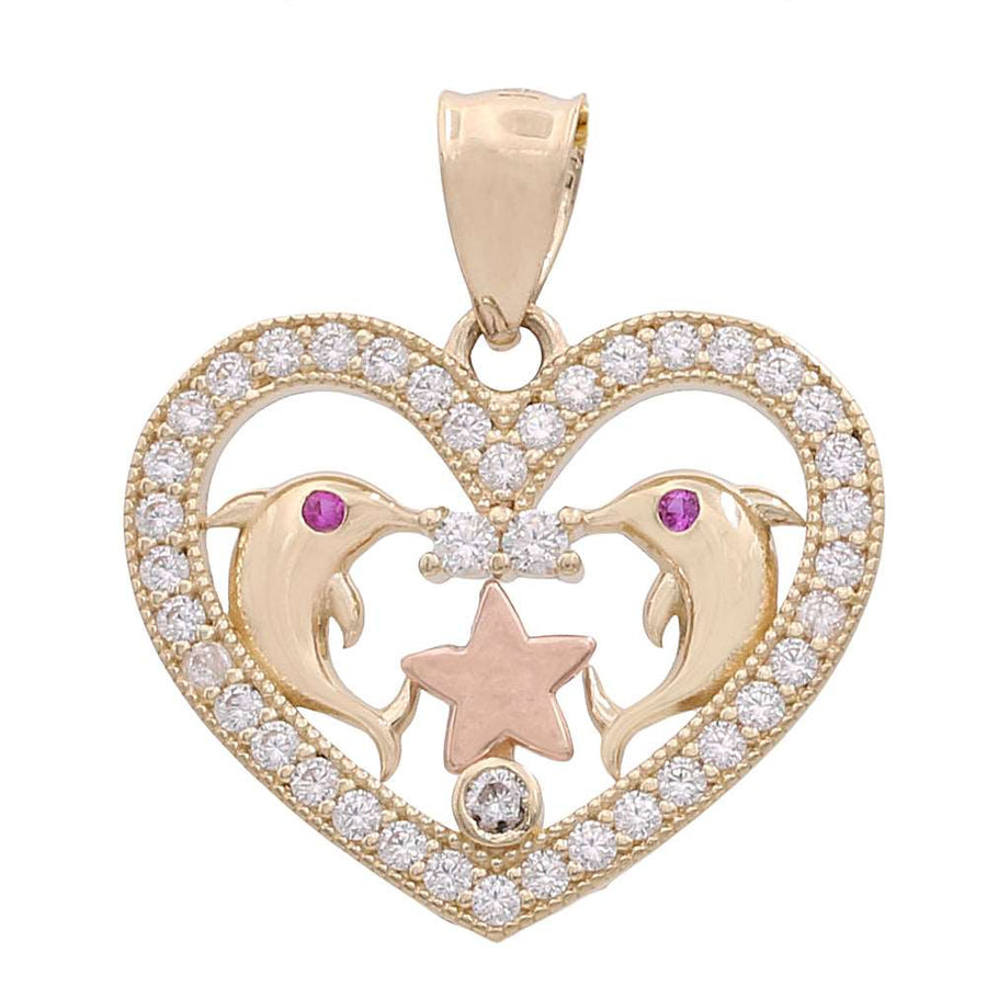 A 14K Yellow and Rose Gold heart pendant with two dolphins and a star, making it a stunning statement piece from Miral Jewelry.