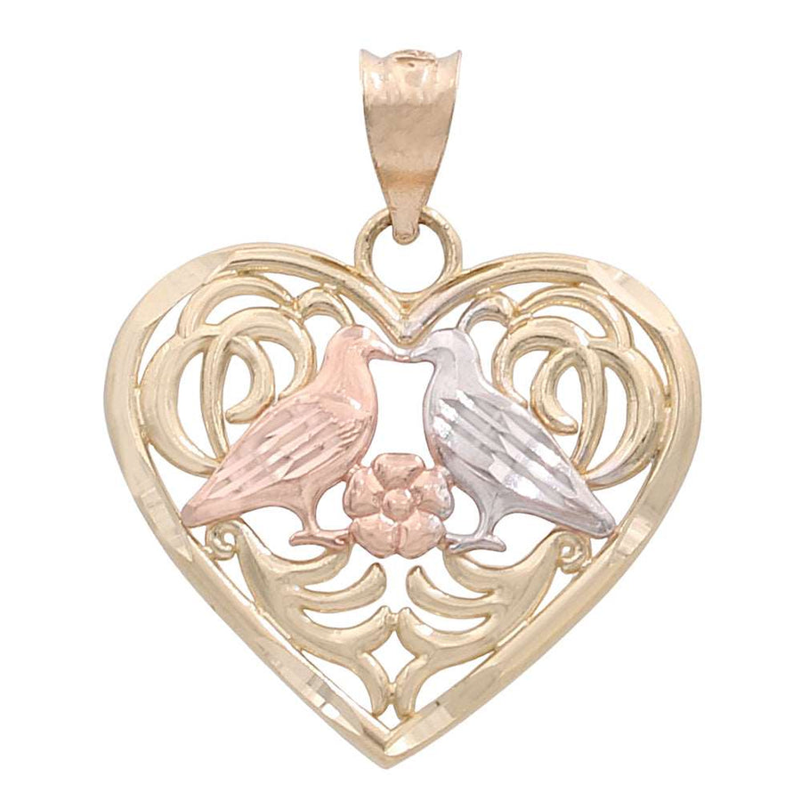 A Miral Jewelry 14K Yellow, White, and Rose Gold Heart Pendant featuring two pigeons, crafted delicately in white and rose gold.