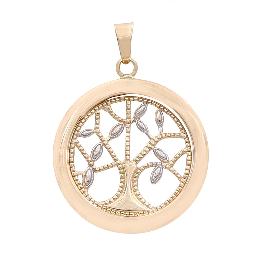 A special occasion Miral Jewelry 14K Yellow and White Gold Tree of Life Circle Pendant, adorned with diamonds.