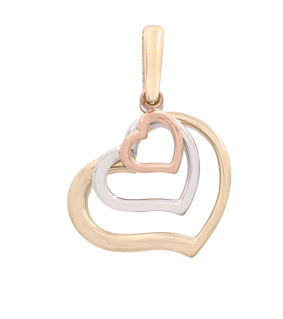 A 14K Tri-Color Hanging Hearts Pendant from Miral Jewelry on a white background.