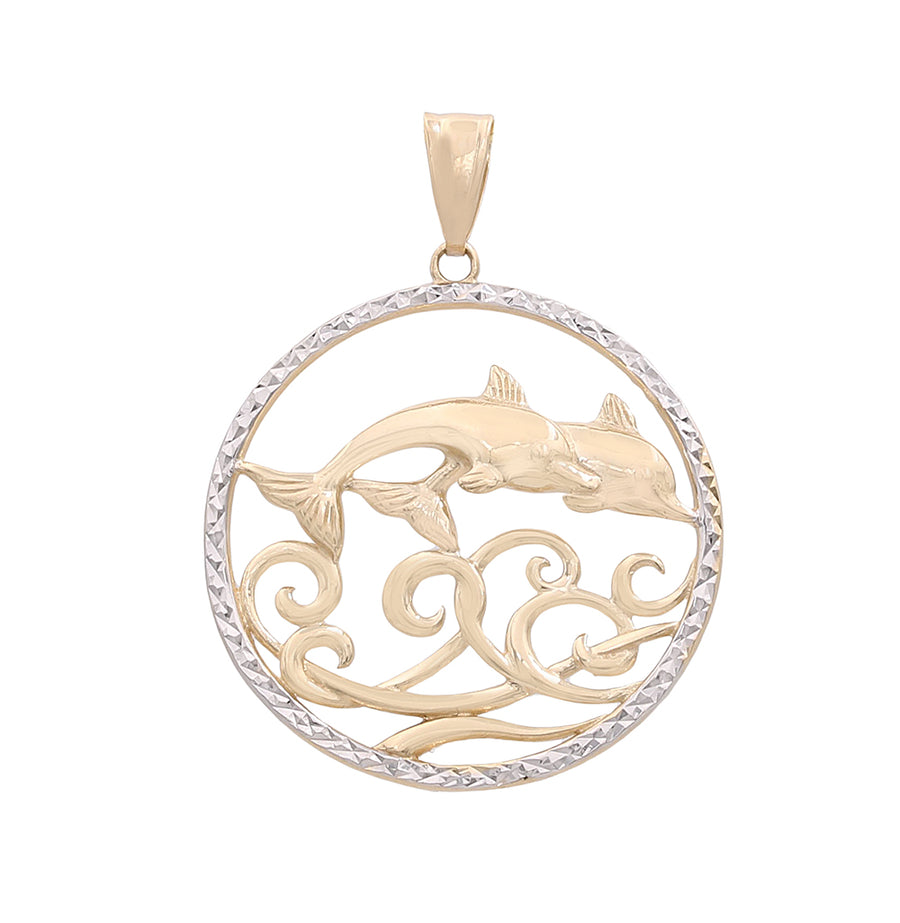 A Miral Jewelry 14K Yellow and White Gold Dolphins Pendant with a swirl design.