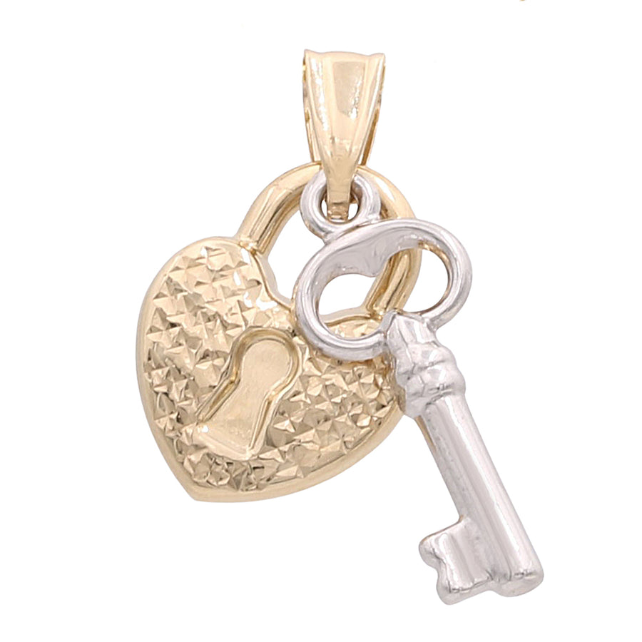 A 14K Yellow and White Lock and Key Pendant by Miral Jewelry on a white background.