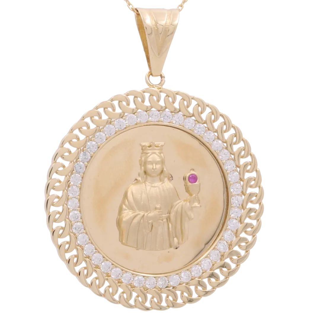 Close-up of the Miral Jewelry 14K Yellow Gold Round Religious Pendant with Zirconias, featuring an engraved figure holding an orb. The circular pendant boasts a decorative chain-like border embedded with small zirconias.