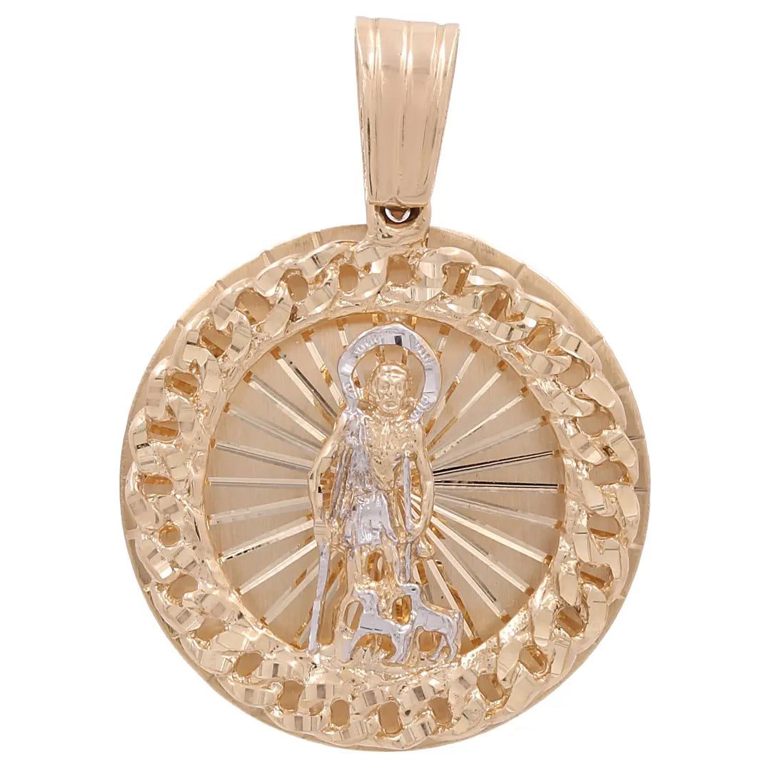 The 14K Yellow Gold Round Religious Pendant by Miral Jewelry showcases a circular design with a central saint figure in silver, encircled by a chain-like border and adorned with sparkling zirconias. This elegant piece is crafted in 14K yellow gold, blending timeless beauty with modern elegance.