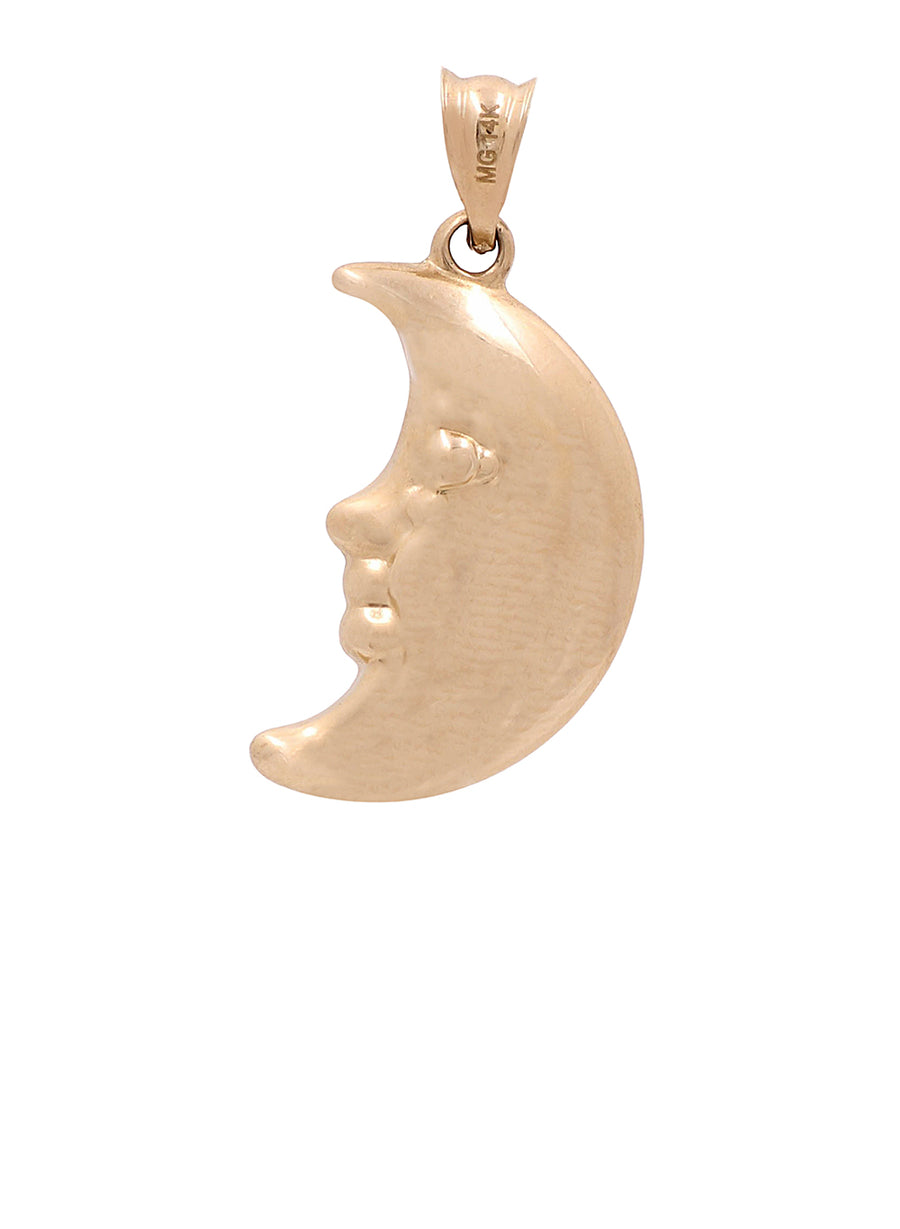 An elegant 14K Yellow Gold Fashion Moon Pendant with a face from Miral Jewelry brings a fashionable touch to any outfit.