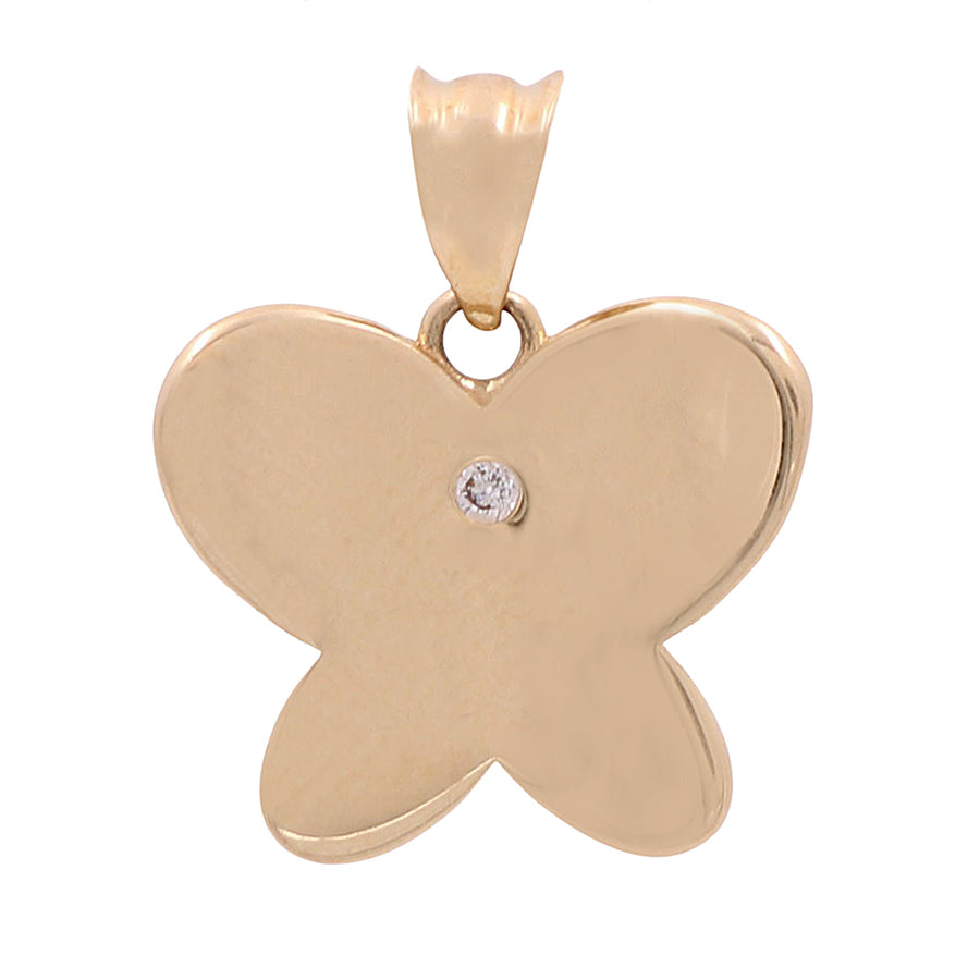 This Miral Jewelry 14K yellow gold butterfly pendant features a sparkling diamond.