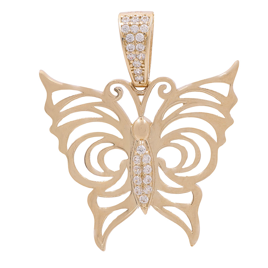 A Miral Jewelry 14K yellow gold butterfly pendant adorned with diamonds.