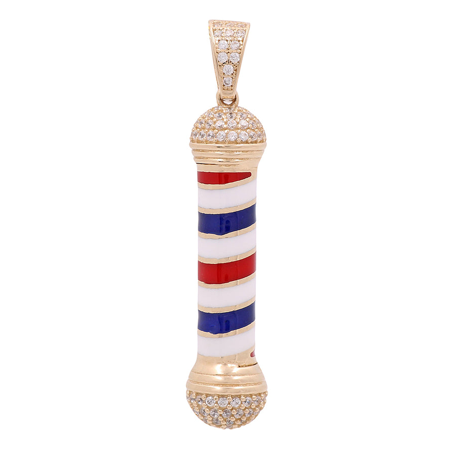 A Miral Jewelry Boat Wheel Pendant in 14K Yellow Gold with a red, white, and blue barber pole design.