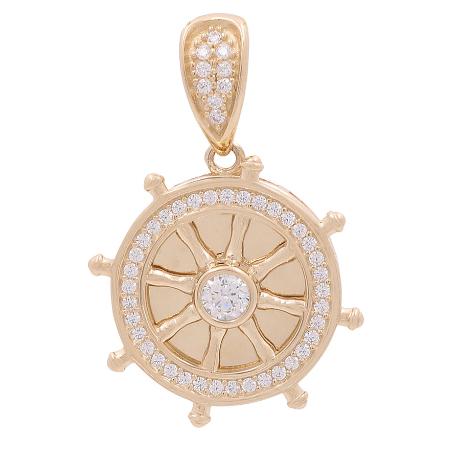 A Miral Jewelry 14K Yellow Gold Boat Wheel Pendant with Cubic Zirconias featuring a Mother of Pearl butterfly design.