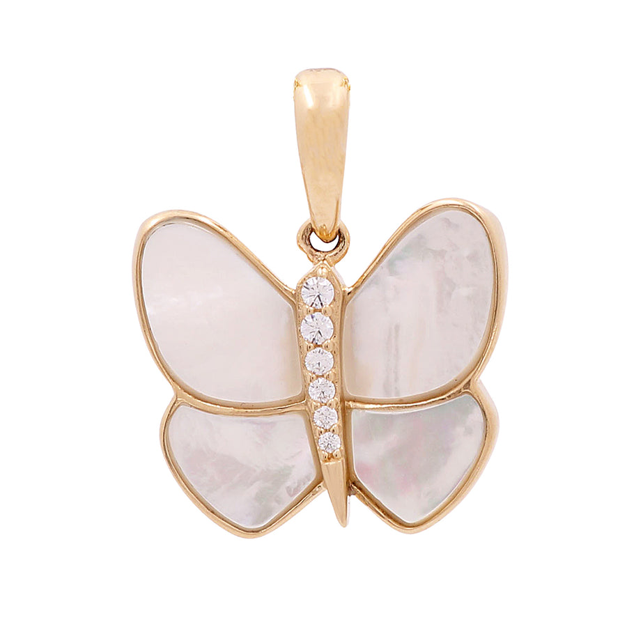 A beautiful Miral Jewelry 14K yellow gold butterfly pendant adorned with mother of pearl and diamonds.
