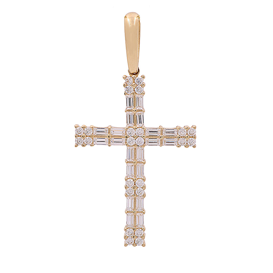 A Miral Jewelry cross pendant with cubic zirconias on a 14K yellow gold background.