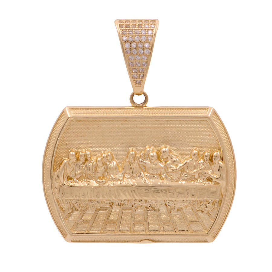 This Miral Jewelry 14K Yellow Gold Last Supper pendant features Cubic Zirconias, making it a stunning statement of faith.