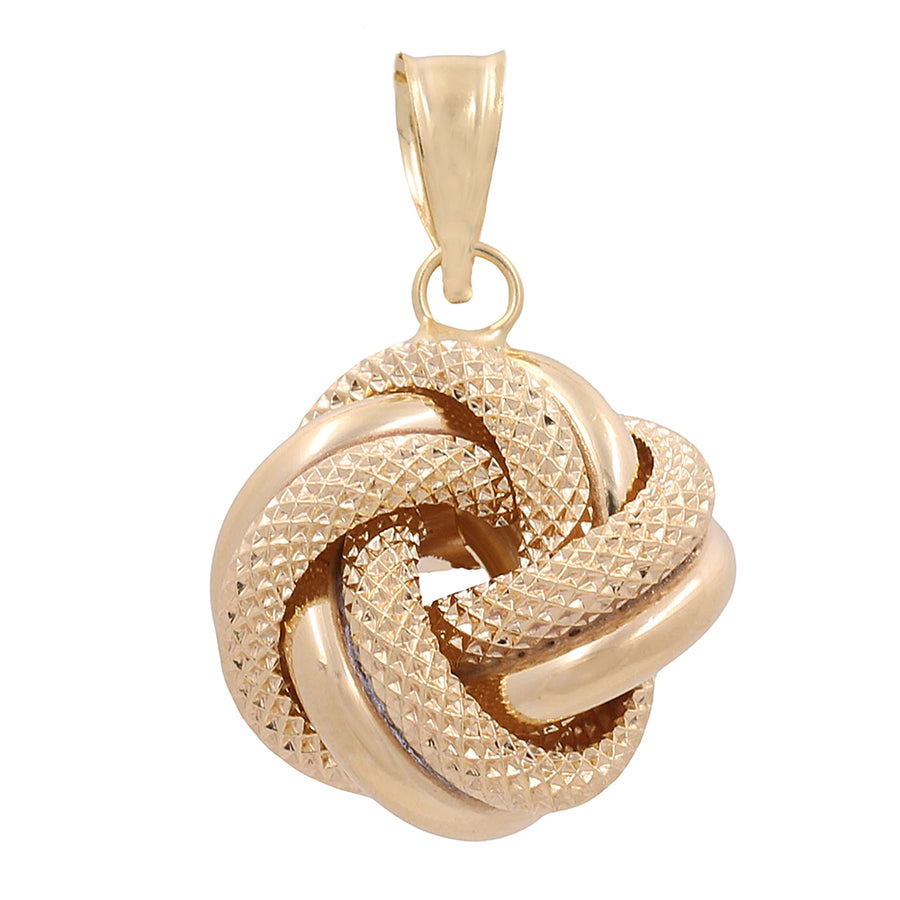 A 10K yellow pendant featuring a gold plated knot design, set against a crisp white background by Miral Jewelry.