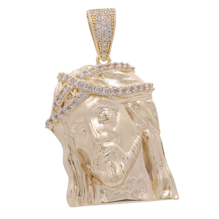Miral Jewelry's 10K Yellow Jesus with Cubic Zirconias Thorn Crown Pendant features a Jesus head design with cubic zircons for added sparkle.