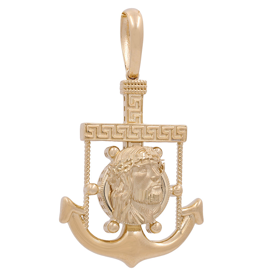 Miral Jewelry's 10K Yellow Gold Jesus, Anchor and Wheel pendant with Cubic Zirconias.