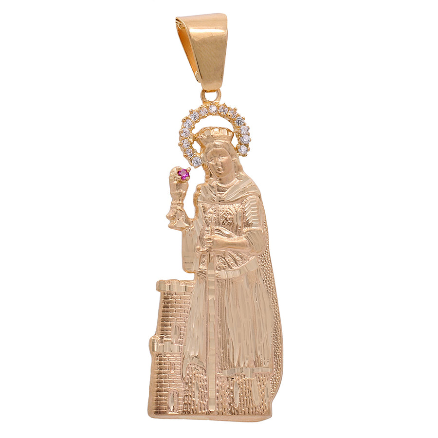 A religious gold pendant featuring a statue of St. Nicholas in 10K yellow gold: Miral Jewelry's 10K Yellow Gold Santa Barbara Virgen with Color Stone Pendant.