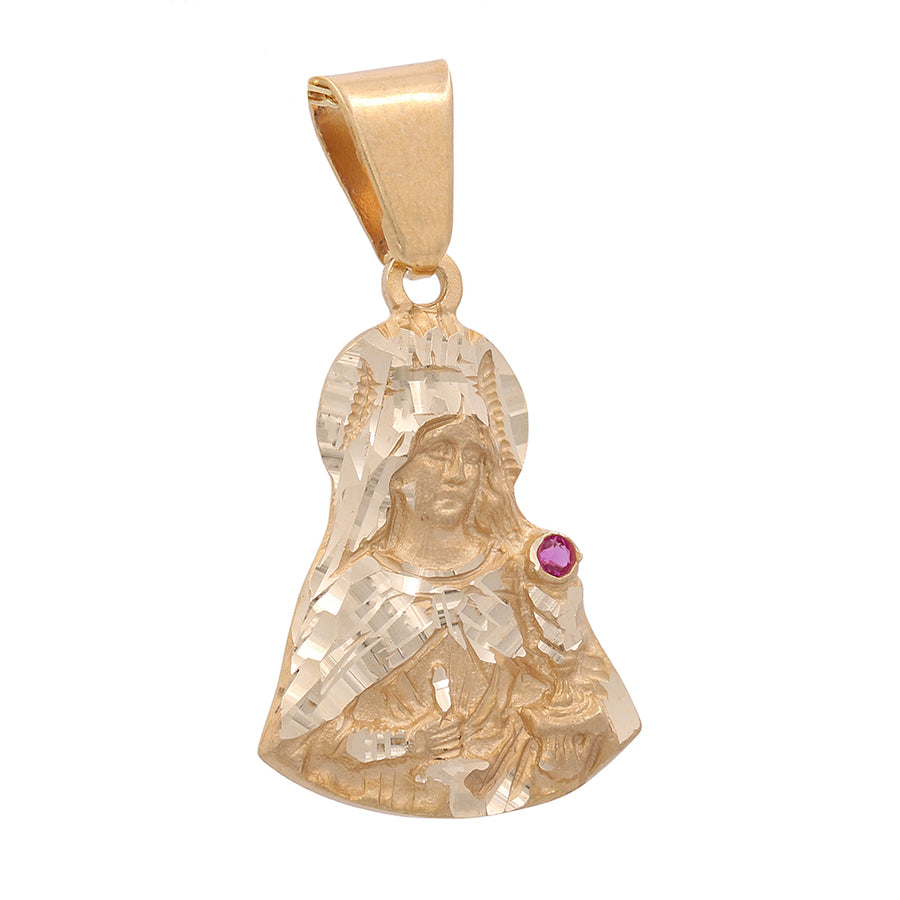 Miral Jewelry's 10K Yellow Gold Religious Virgen with Color Stone pendant features a ruby stone.