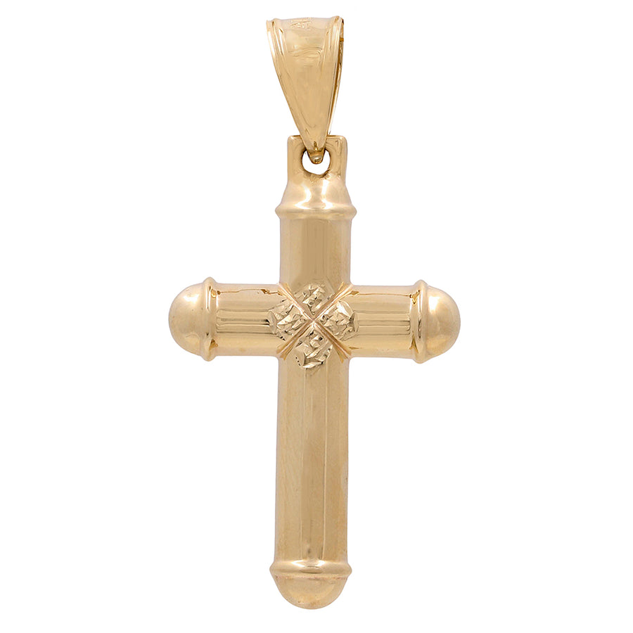 14K Yellow Gold Miral Jewelry cross pendant with a textured wrap design at the center, displayed against a white background.