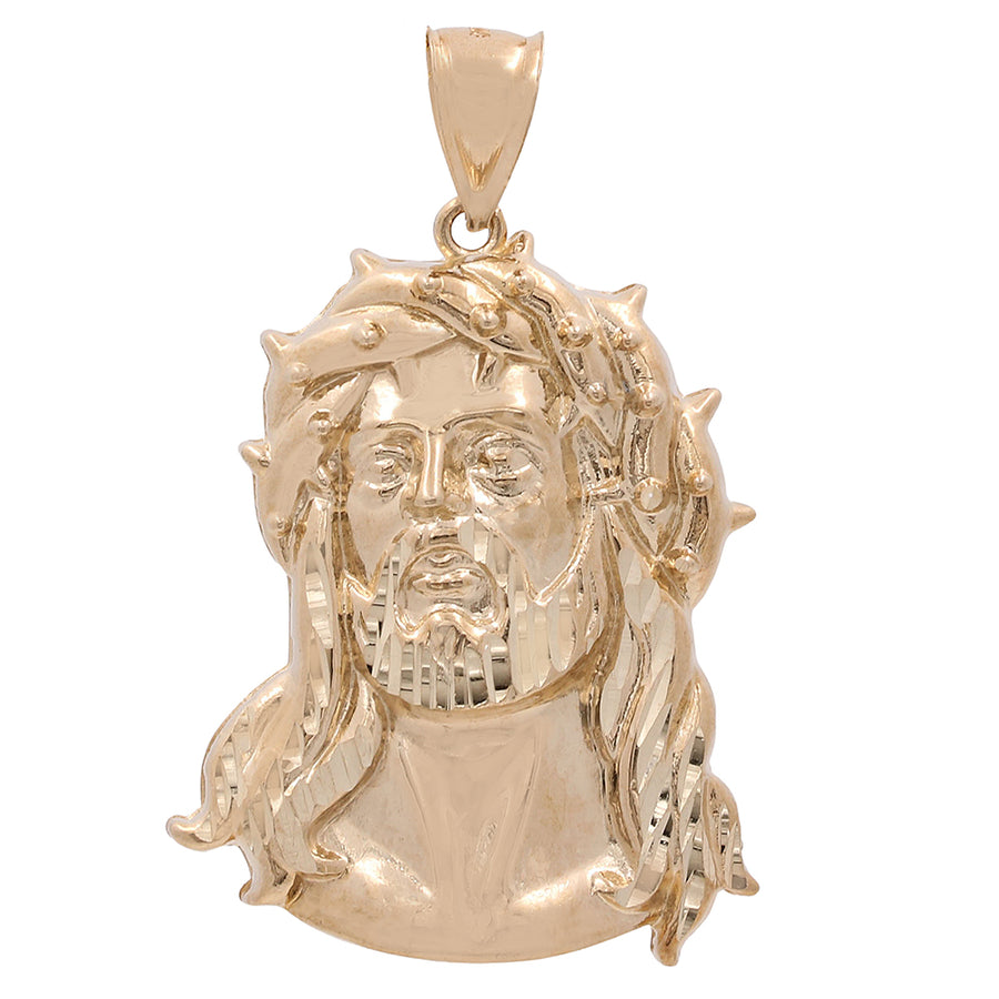 14K Yellow Gold Jesus Bust Pendant crafted from 14K yellow gold, depicting the face of Jesus Christ with a crown of thorns and flowing hair by Miral Jewelry.
