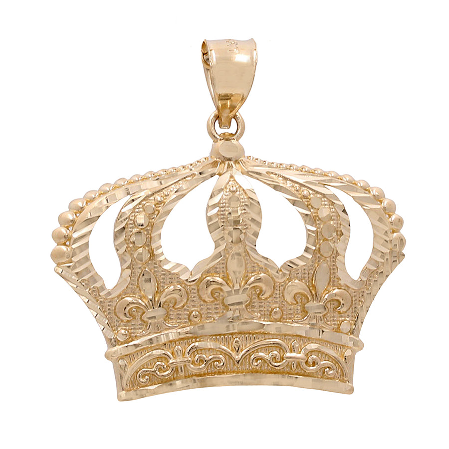 Miral Jewelry's 14K Yellow Gold Royal Crown Pendant with intricate filigree and bead detailing, displayed against a white background.