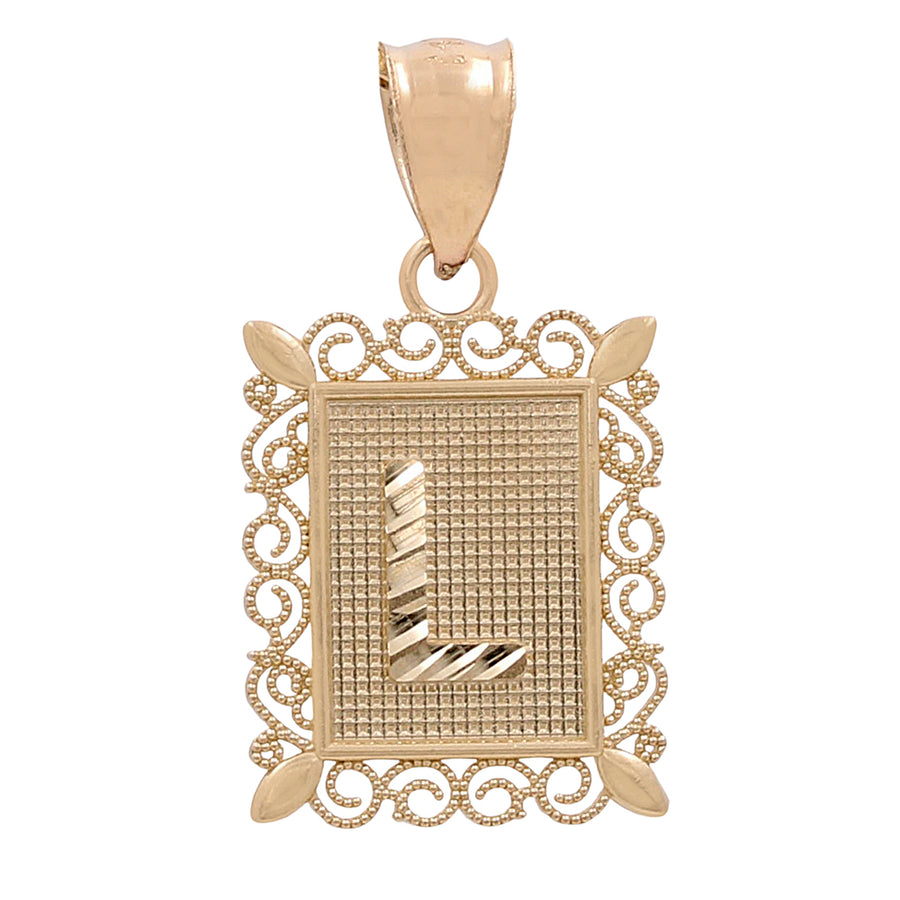 Miral Jewelry's 14K Yellow Gold L Initial Framed Pendant features an intricate filigree frame and a central rectangular section with a personalized initial design.